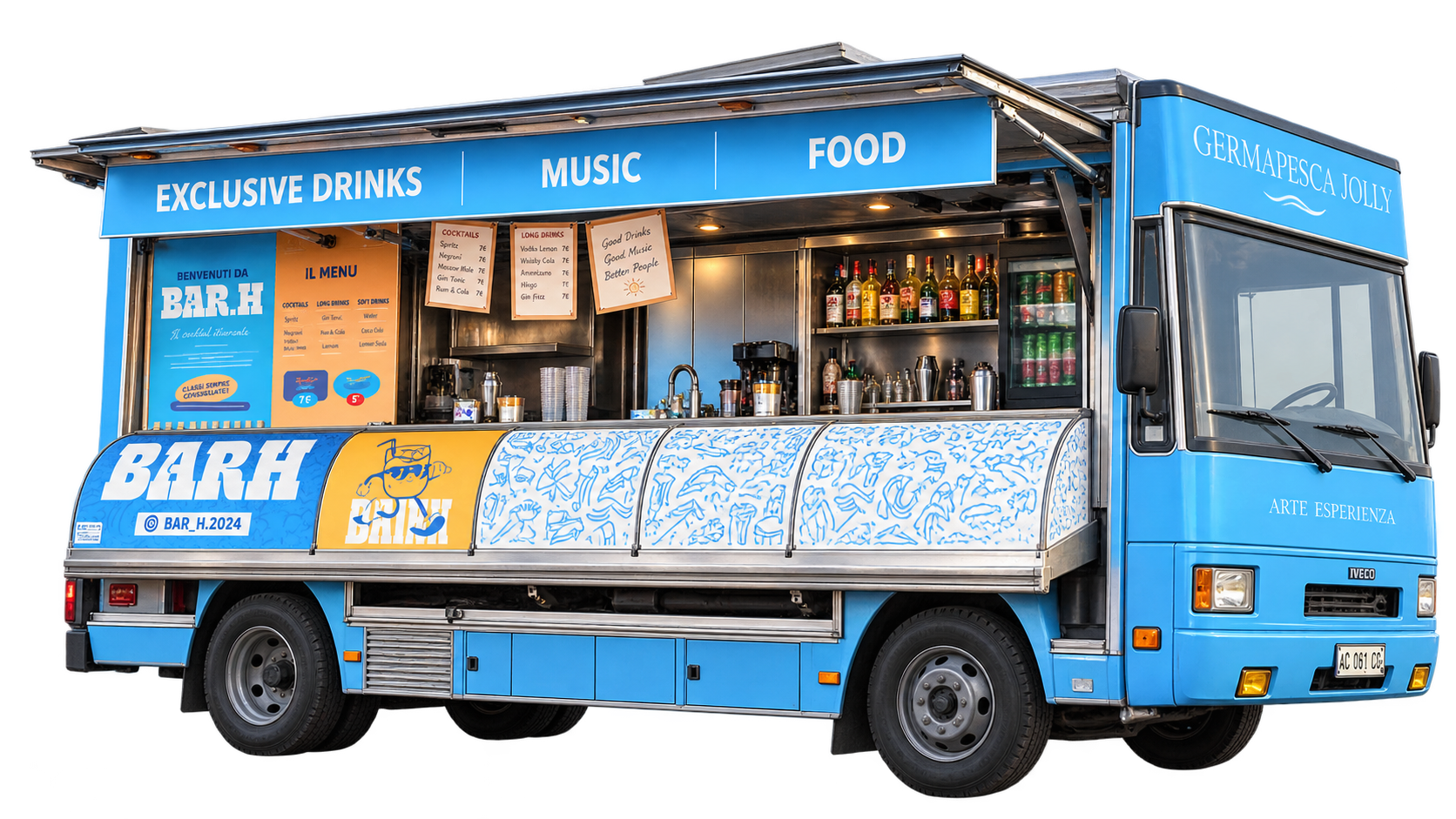 Il camion blu Bar H con il bancone aperto